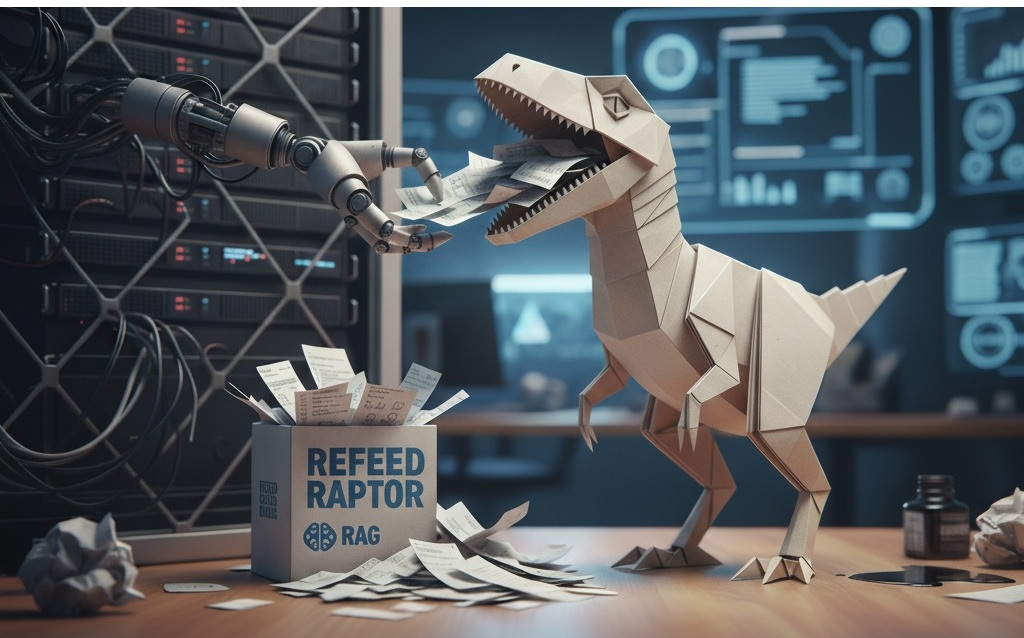 A paper raptor being fed documents by a robot arm in a server room